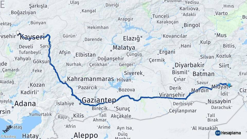 Şırnak Güçlükonak Kayseri Arası Kaç Km - Yol Haritası