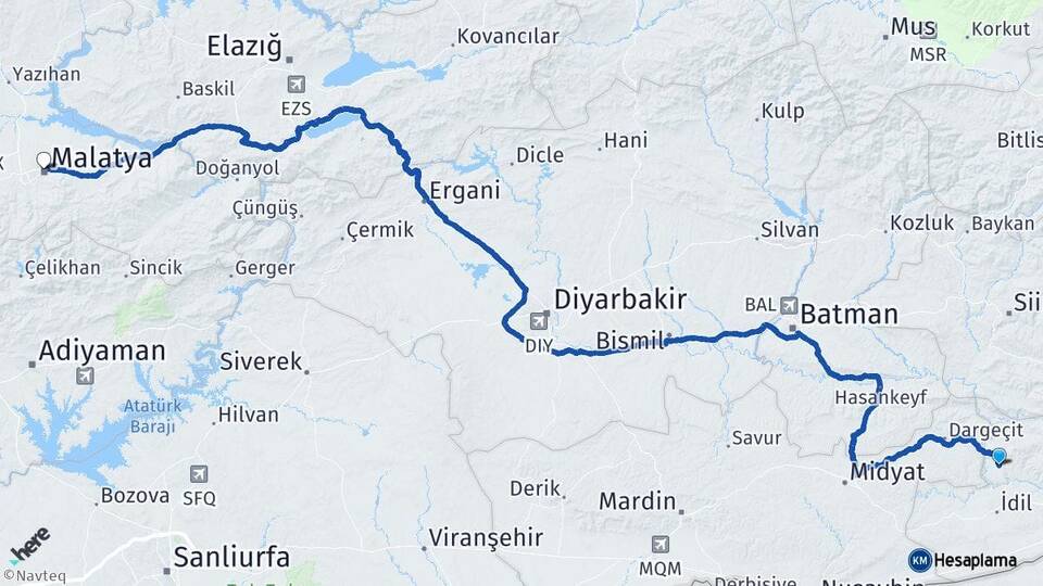 Şırnak Güçlükonak Malatya Arası Kaç Km - Yol Haritası