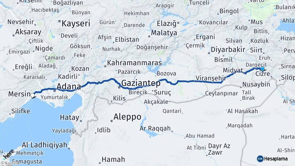 Şırnak Güçlükonak Mersin Arası Kaç Km - Yol Haritası