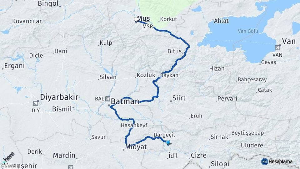 Şırnak Güçlükonak Muş Arası Kaç Km - Yol Haritası