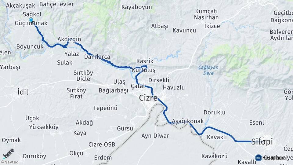 Şırnak Güçlükonak Silopi Arası Kaç Km - Yol Haritası