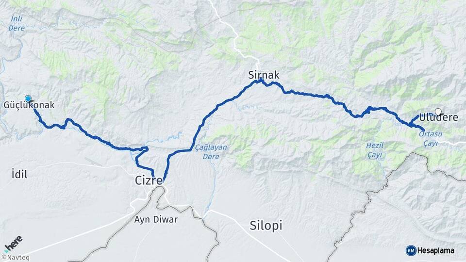 Şırnak Güçlükonak Uludere Arası Kaç Km - Yol Haritası