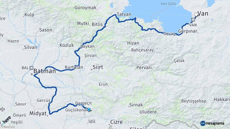 Şırnak Güçlükonak Van Arası Kaç Km - Yol Haritası