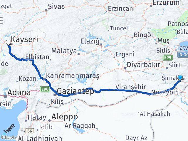 Şırnak Hacılar Kayseri Arası Kaç Km - Yol Haritası