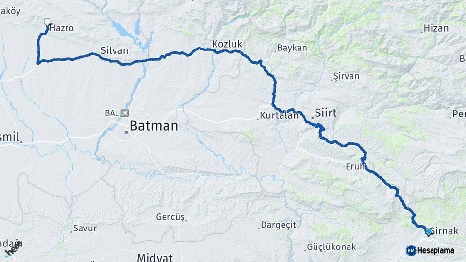Şırnak Hazro Diyarbakır Arası Kaç Km - Yol Haritası