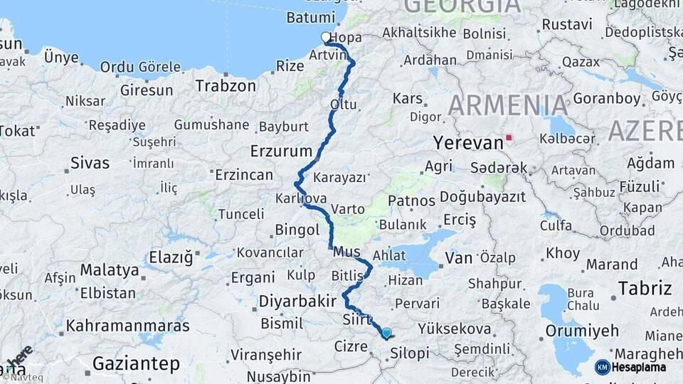 Şırnak Hopa Artvin Arası Kaç Km - Yol Haritası
