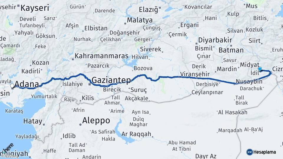 Şırnak İdil Adana Arası Kaç Km - Yol Haritası
