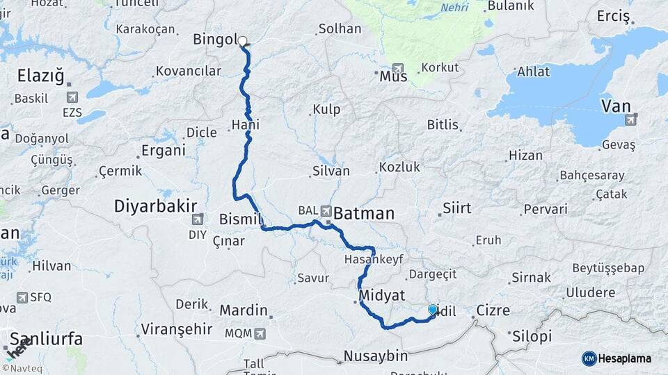 Şırnak İdil Bingöl Arası Kaç Km - Yol Haritası
