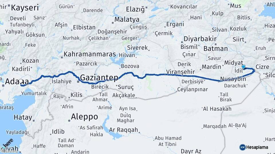 Şırnak İdil Ceyhan Adana Arası Kaç Km - Yol Haritası