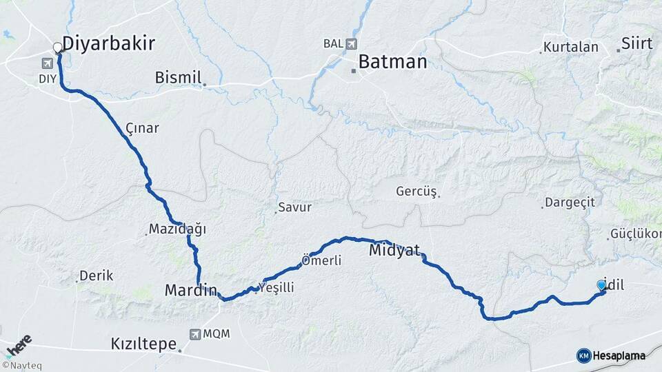 Şırnak İdil Diyarbakır Arası Kaç Km - Yol Haritası