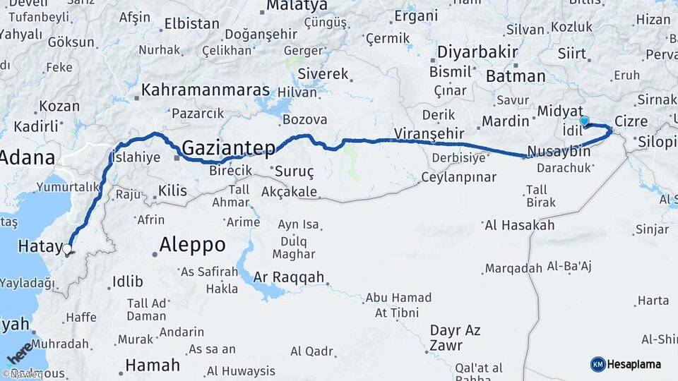 Şırnak İdil Hatay Arası Kaç Km - Yol Haritası