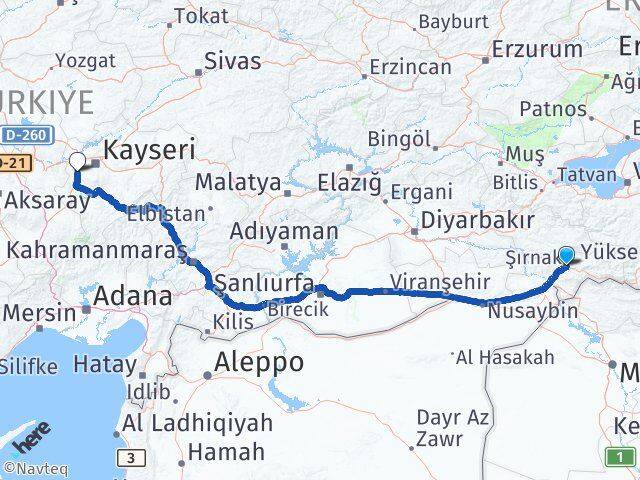Şırnak İncesu Kayseri Arası Kaç Km - Yol Haritası