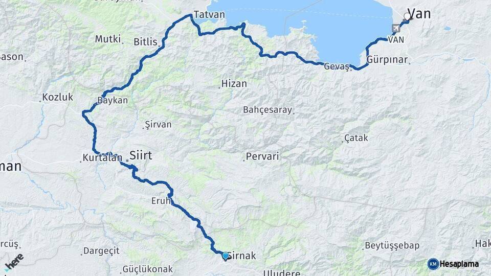Şırnak İpekyolu Van Arası Kaç Km - Yol Haritası