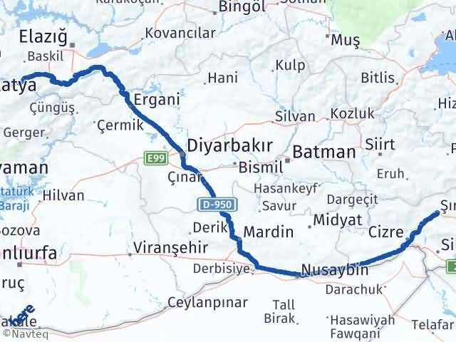 Şırnak Kale Malatya Arası Kaç Km - Yol Haritası