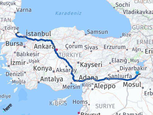 Şırnak Kapaklı Tekirdağ Arası Kaç Km - Yol Haritası