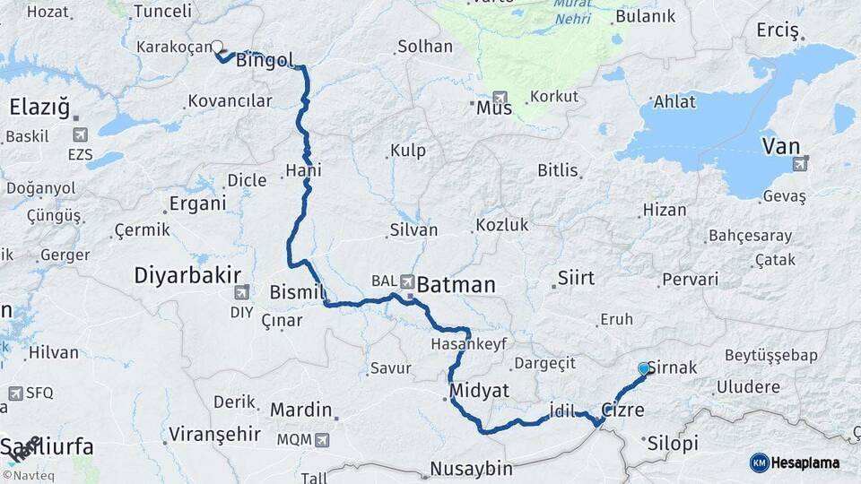 Şırnak Karakoçan Elazığ Arası Kaç Km - Yol Haritası