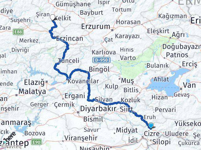 Şırnak Kelkit Gümüşhane Arası Kaç Km - Yol Haritası
