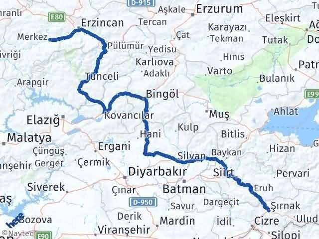 Şırnak Kemah Erzincan Arası Kaç Km - Yol Haritası