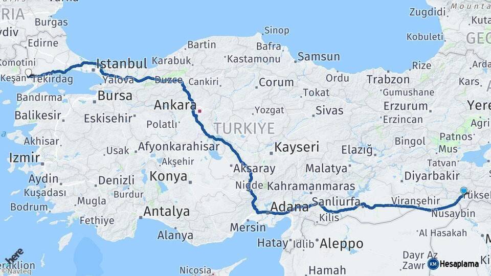 Şırnak Keşan Edirne Arası Kaç Km - Yol Haritası