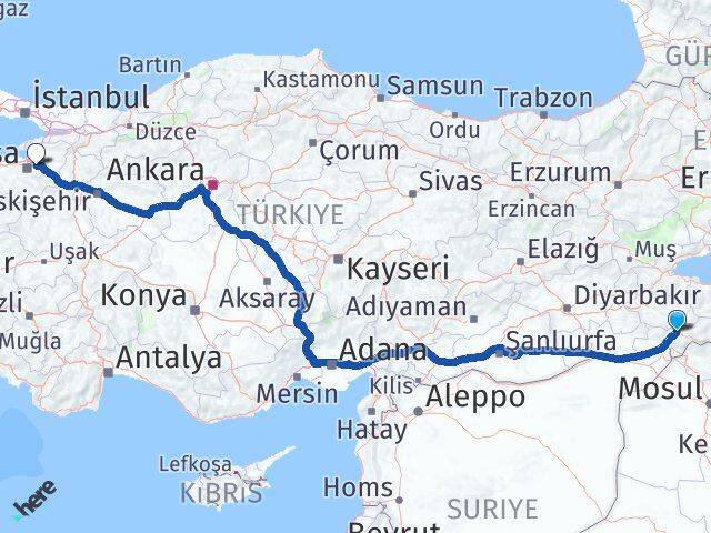 Şırnak Kestel Bursa Arası Kaç Km - Yol Haritası
