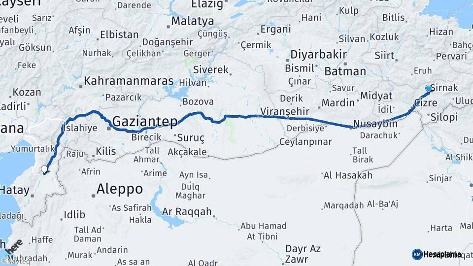 Şırnak Kırıkhan Hatay Arası Kaç Km - Yol Haritası