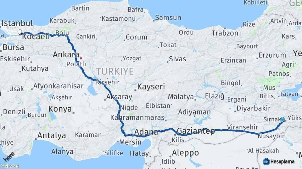 Şırnak Kocaeli Arası Kaç Km - Yol Haritası