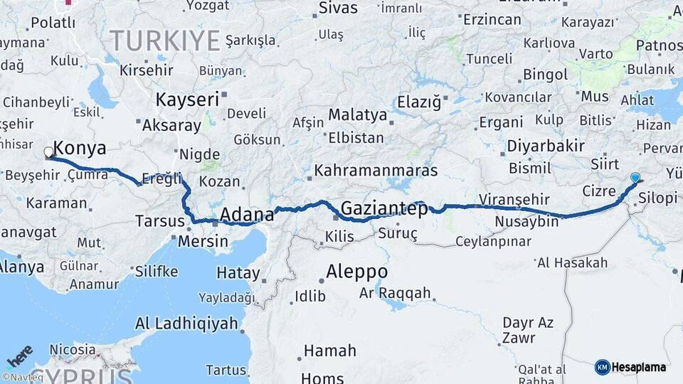 Şırnak Konya Arası Kaç Km - Yol Haritası