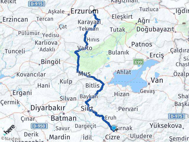 Şırnak Köprüköy Erzurum Arası Kaç Km - Yol Haritası