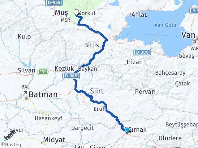 Şırnak Korkut Muş Arası Kaç Km - Yol Haritası
