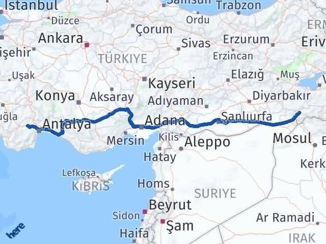 Şırnak Korkuteli Antalya Arası Kaç Km - Yol Haritası