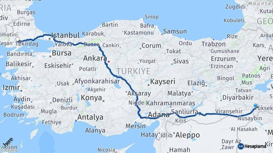 Şırnak Malkara Tekirdağ Arası Kaç Km - Yol Haritası