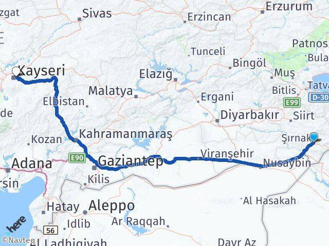 Şırnak Melikgazi Kayseri Arası Kaç Km - Yol Haritası