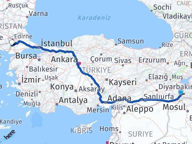 Şırnak Meriç Edirne Arası Kaç Km - Yol Haritası