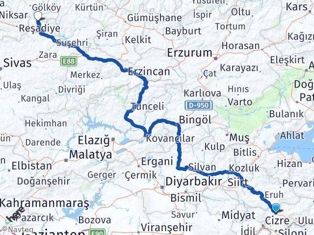 Şırnak Mesudiye Ordu Arası Kaç Km - Yol Haritası