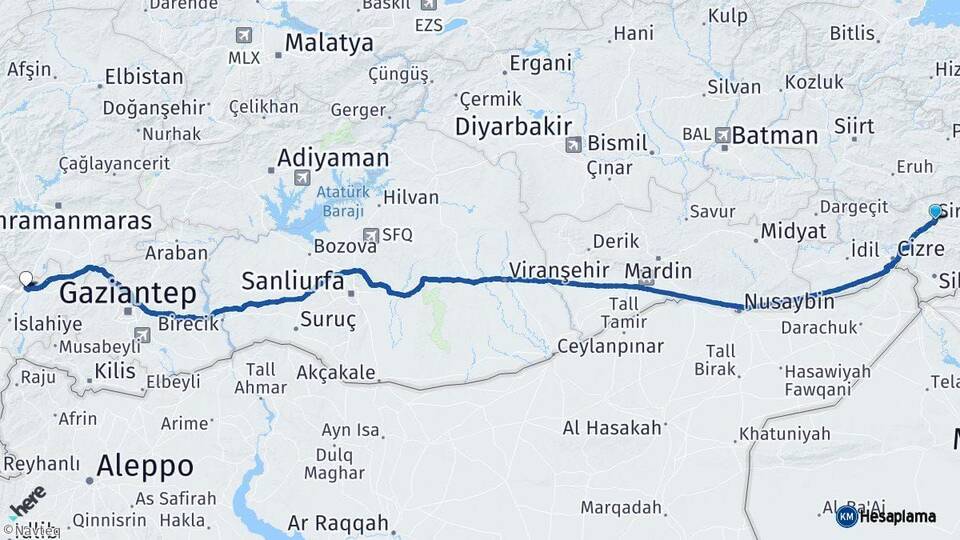 Şırnak Nurdağı Gaziantep Arası Kaç Km - Yol Haritası