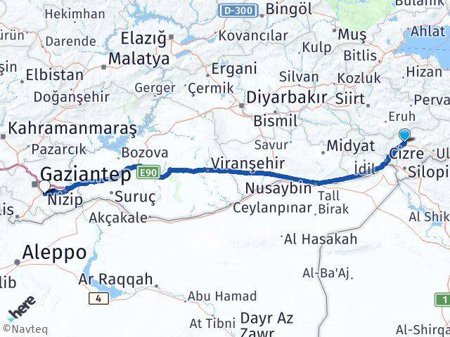 Şırnak Oğuzeli Gaziantep Arası Kaç Km - Yol Haritası