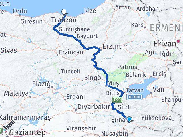 Şırnak Ortahisar Trabzon Arası Kaç Km - Yol Haritası