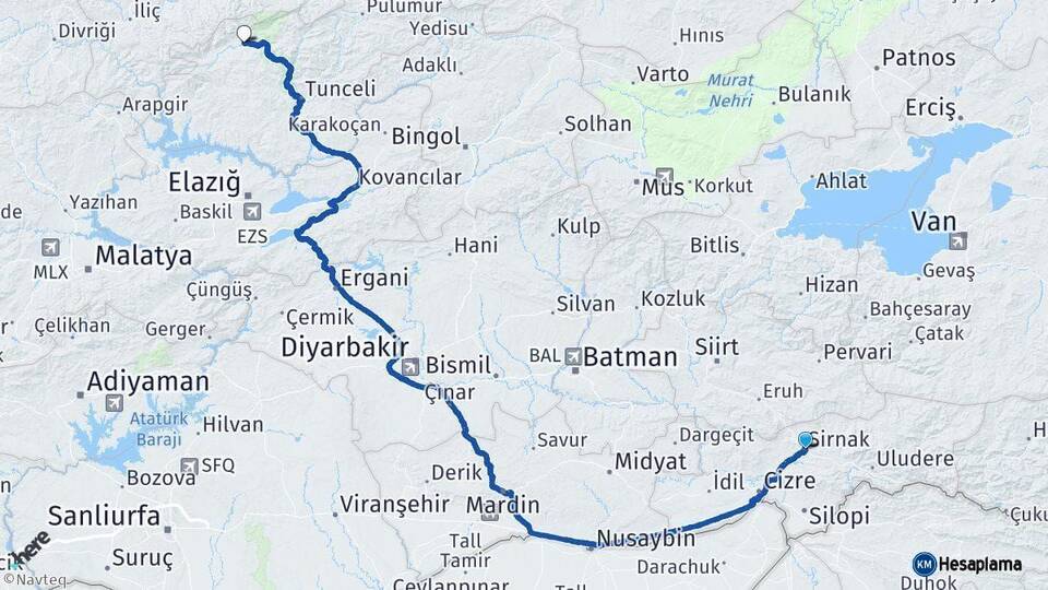 Şırnak Ovacık Tunceli Arası Kaç Km - Yol Haritası