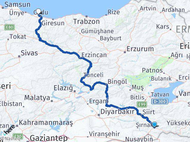 Şırnak Perşembe Ordu Arası Kaç Km - Yol Haritası