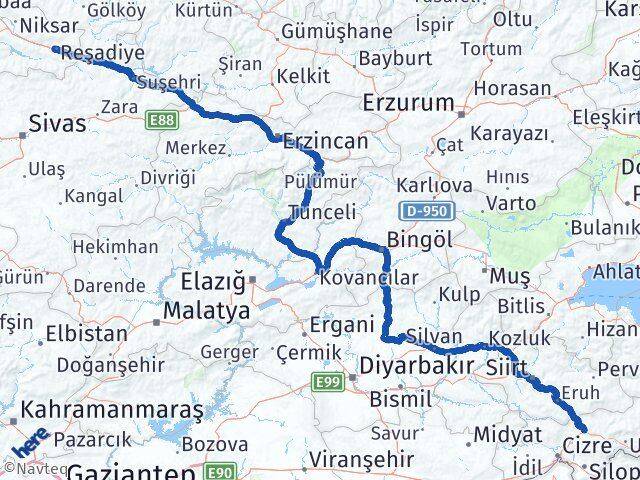 Şırnak Reşadiye Tokat Arası Kaç Km - Yol Haritası