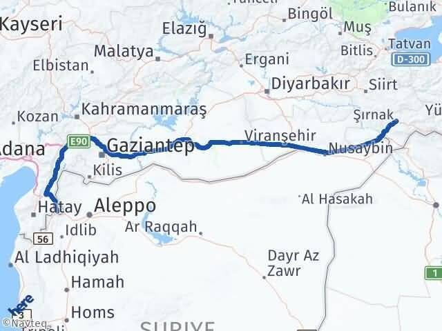 Şırnak Reyhanlı Hatay Arası Kaç Km - Yol Haritası