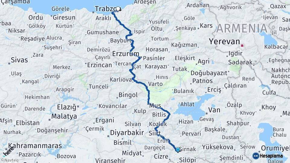 Şırnak Rize Arası Kaç Km - Yol Haritası