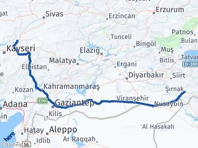 Şırnak Sarıoğlan Kayseri Arası Kaç Km - Yol Haritası