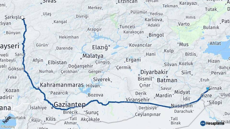 Şırnak Şarkışla Sivas Arası Kaç Km - Yol Haritası