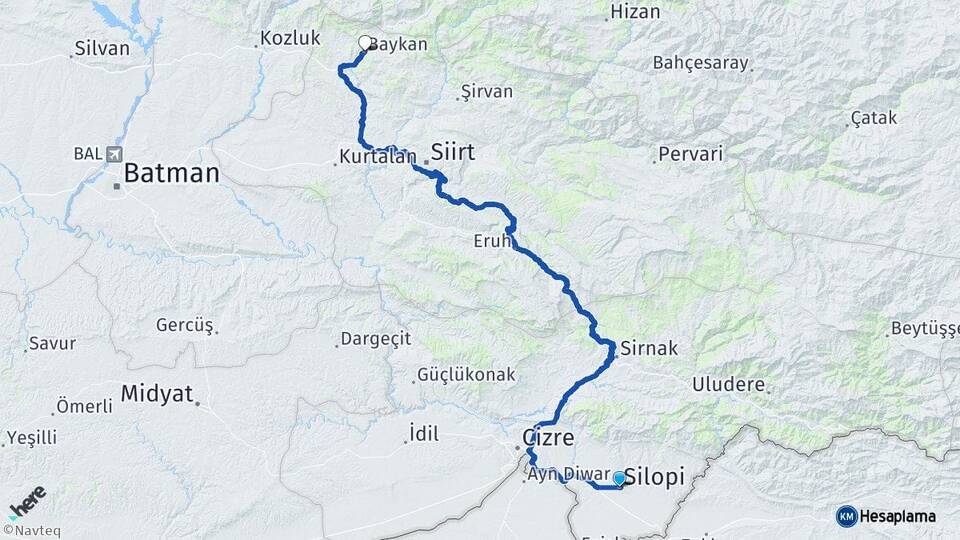 Şırnak Silopi Baykan Siirt Arası Kaç Km - Yol Haritası