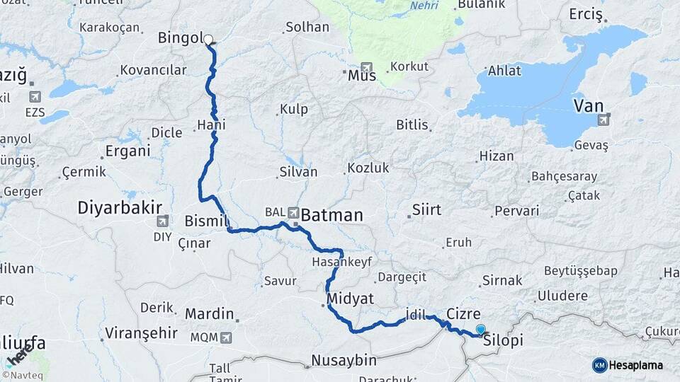 Şırnak Silopi Bingöl Arası Kaç Km - Yol Haritası
