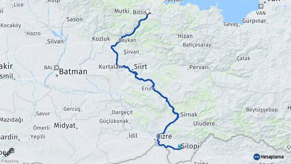 Şırnak Silopi Bitlis Arası Kaç Km - Yol Haritası