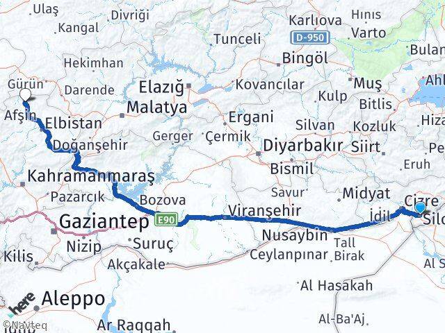 Şırnak Silopi Büyüktatlı Afşin Kahramanmaraş Arası Kaç Km - Yol Haritası