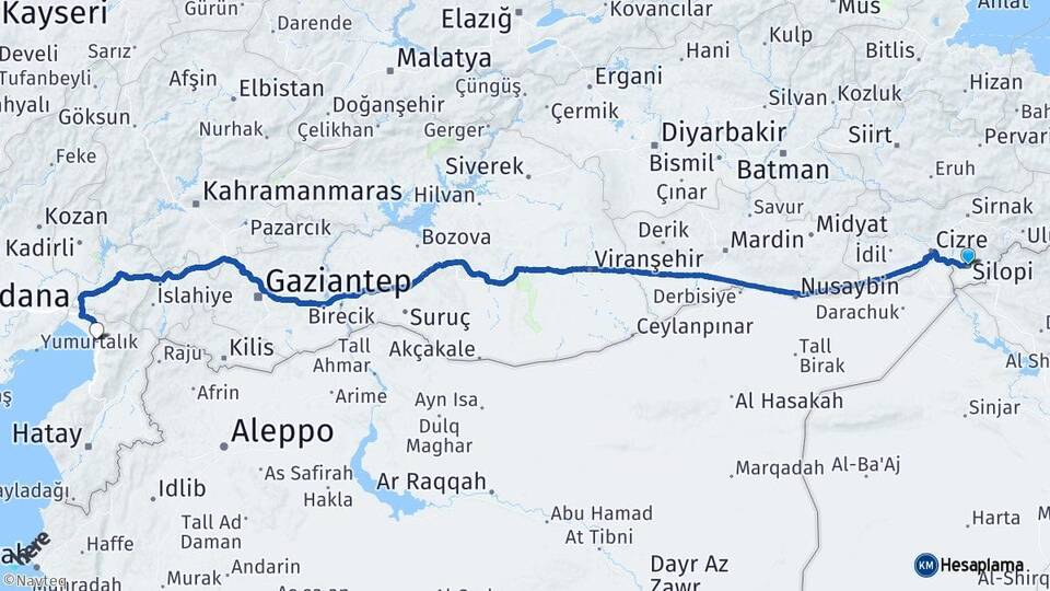 Şırnak Silopi Dörtyol Hatay Arası Kaç Km - Yol Haritası