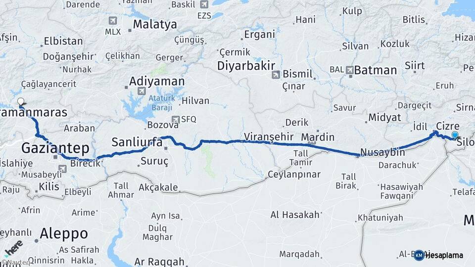 Şırnak Silopi Kahramanmaraş Arası Kaç Km - Yol Haritası